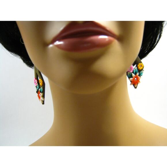 Island style Colorful Floral Dangle Drop Rhinestone accent Earrings 2.5 inch - Picture 8 of 8